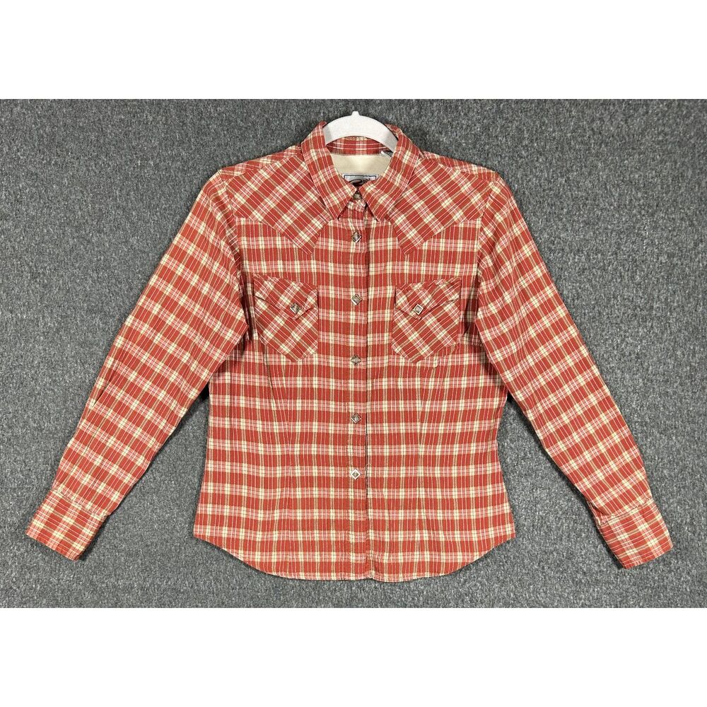 Roper Plaid Long Sleeve Pearl Snap Western Cowgirl Shirt Size Medium Red Tan